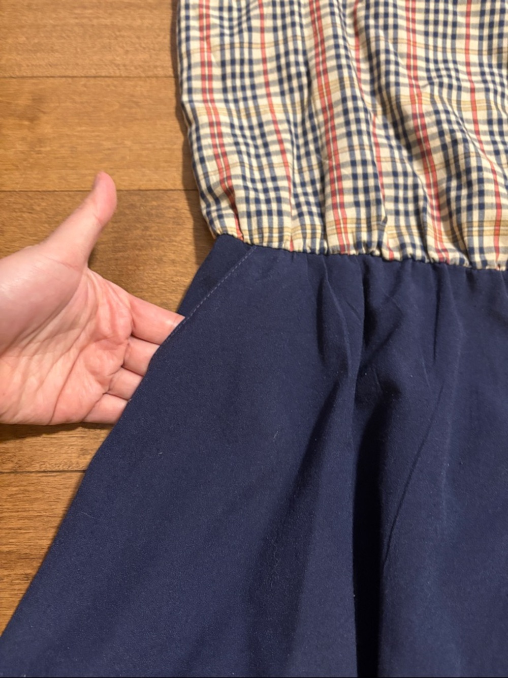 Vintage Navy Blue Sundress with Plaid Bodice with Pockets! - Picture 3 of 7